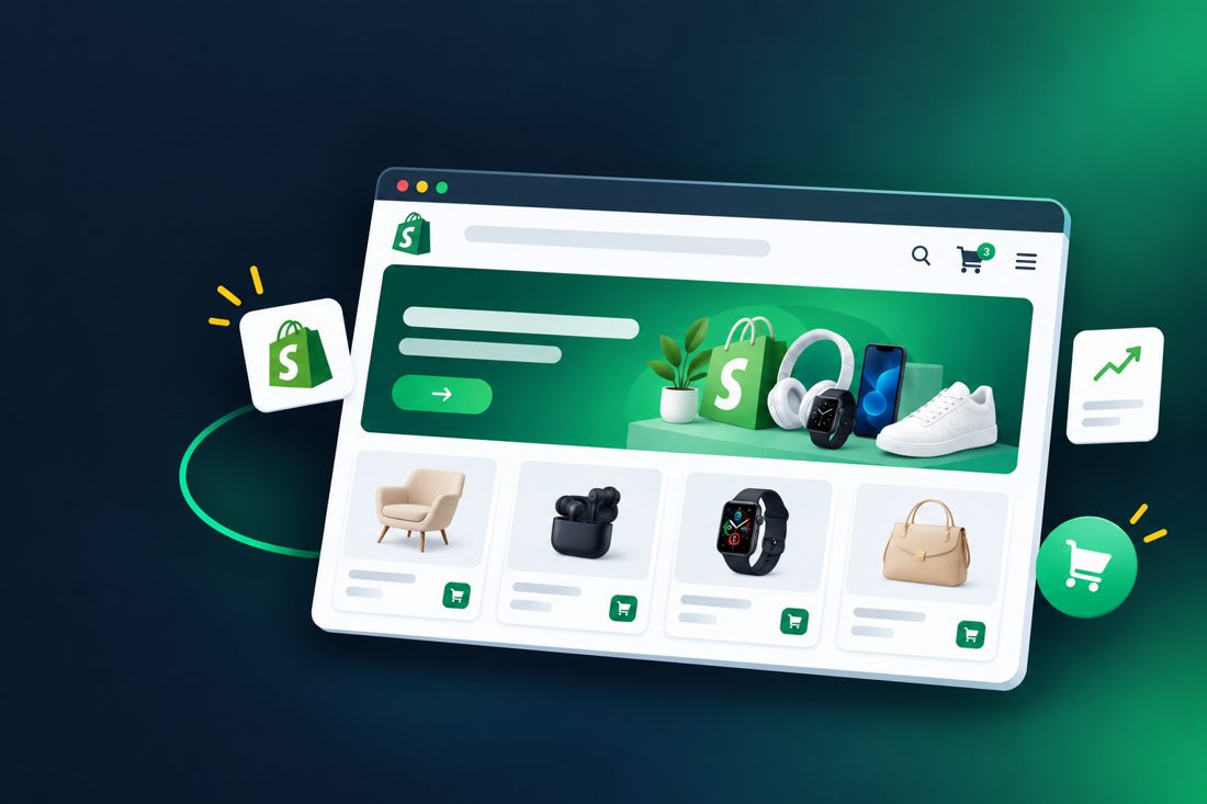 Shopify store dashboard mockup with products, cart and sales growth